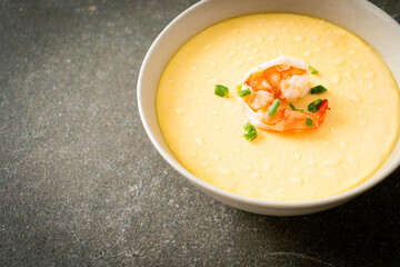 Steamed egg with shrimp and spring onions