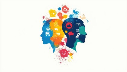 Global Education Unity - Abstract Multicultural Head Silhouettes with Colorful Blend and Educational Icons Integration