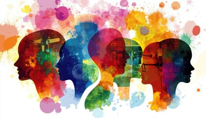 Naklejka premium Global Education - Abstract Head Silhouettes with Multicultural Icons