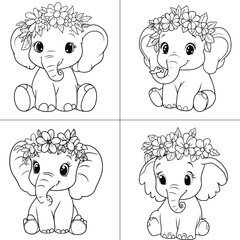 Cute cartoon baby elephant with flower Vector , coloring page