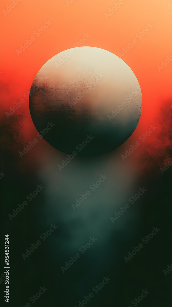 Poster a large sphere floats in a red and green hazy sky.