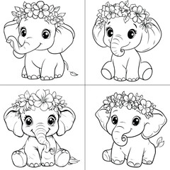 Cute cartoon baby elephant with flower Vector , coloring page