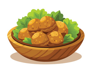 fried falafel in wooden bowl vector illustration on white background