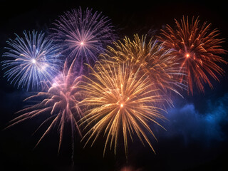 Bright colorful fireworks on dark background, overlay.