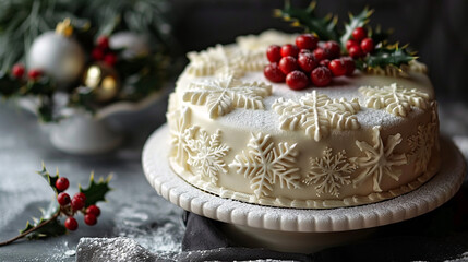 A Christmas cake with a delicate layer of royal icing, decorated with intricate snowflake patterns and a few sprigs of holly.