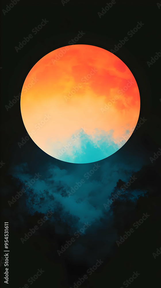 Wall mural A large, orange and blue moon is in the dark night sky above blue clouds.