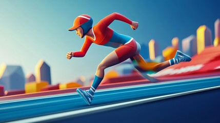 Dynamic athlete in vibrant gear sprinting on a track, showcasing speed and determination in a colorful urban setting.