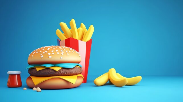 Delicious burger with cheese, accompanied by crispy fries and a small ketchup, set against a vibrant blue background.