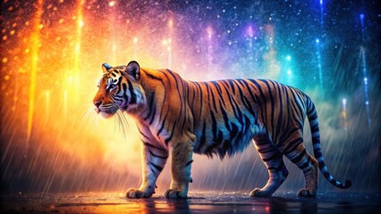 Majestic tiger silhouette in the rain overlaid with double exposure effect and vibrant colors, tiger, silhouette, rain