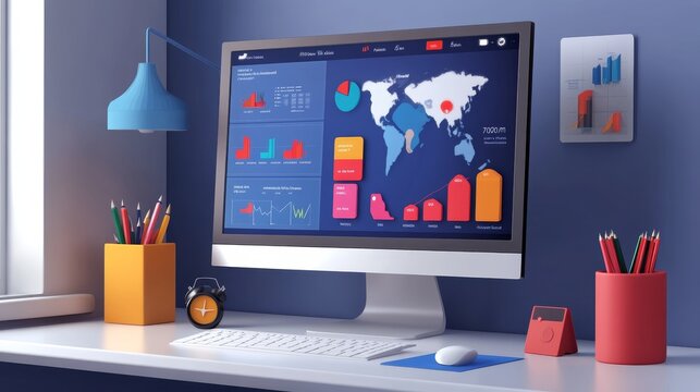 Modern workspace featuring a computer with data visualizations, colorful stationery, and a clean, organized desk environment.