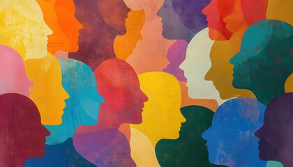Naklejka premium Celebrating Diversity: Colorful Overlapping Head Silhouettes Promoting Multiculturalism in Kindergarten Education