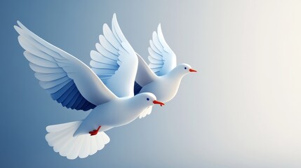 Two elegant birds soaring gracefully against a soft gradient background, symbolizing freedom and peace in a serene atmosphere.