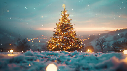 Naklejka premium A Christmas tree on a snowy hill, decorated with golden ornaments and lights, glowing warmly against the evening sky.