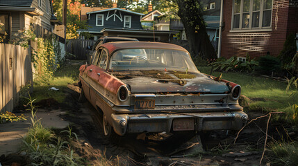 A classic sedan being dug out from a suburban backyard soil and grass.