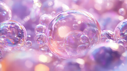 Transparent soap bubbles floating on a futuristic purple background, creating a dream and magic atmosphere. Cosmetic skincare product texture