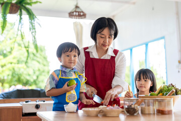 Asian family cooking together in kitchen with vegetables and spices