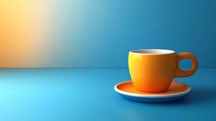 Obraz premium A vibrant yellow cup and saucer set against a serene blue background, perfect for coffee or tea lovers.