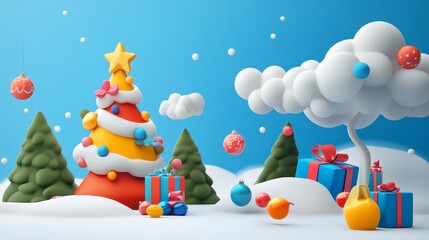 Obraz premium Colorful Christmas scene featuring a decorated tree with gifts and snow, perfect for holiday-themed projects.