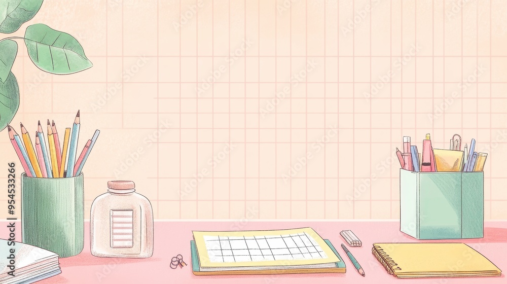 Poster minimalistic grid layout with soft pastel colors and school-related graphics for copy space