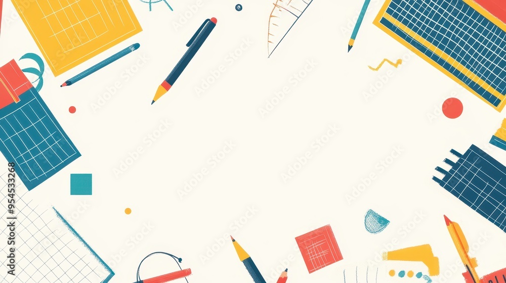 Poster bright back-to-school grid layout with colorful squares and whimsical illustrations, perfect for tex