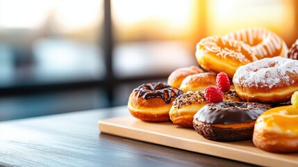 Sweet Assortment of Pastries and Donuts on Break Room Table with Copy Space for Text