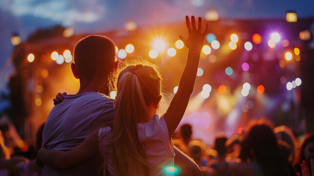 A family attending a music festival dancing and enjoying the live performances together.