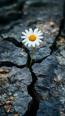 A single daisy flower growing through a crack in the ground.