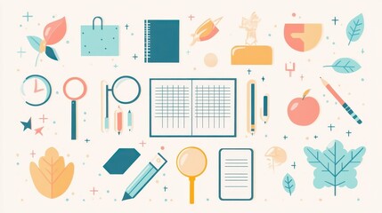 Modern Pastel Grid Layout with School Icons and Copy Space