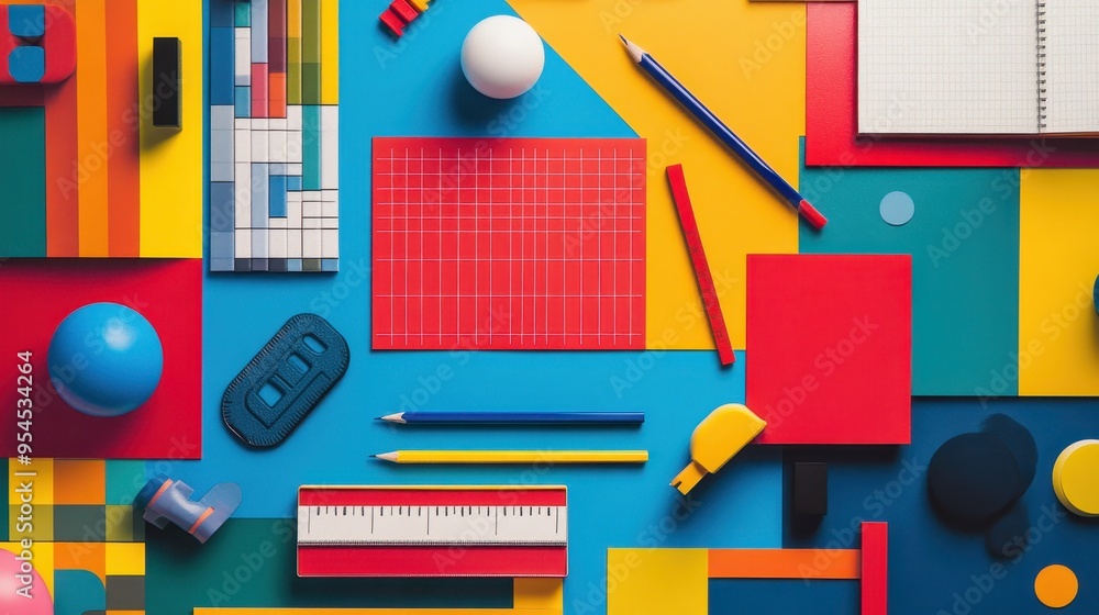 Poster back-to-school grid poster with colorful blocks and supply illustrations, template for text insertio
