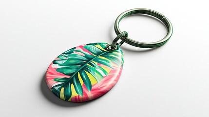 A colorful keychain featuring tropical leaf designs on a rounded surface.