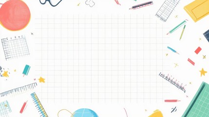 Back-to-School Grid Background with White Border and Educational Illustrations, Copy Space Included