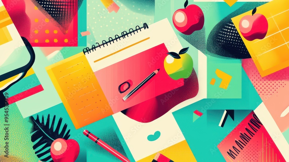 Poster vibrant back-to-school grid design with colorful blocks and educational elements, ideal for text ove