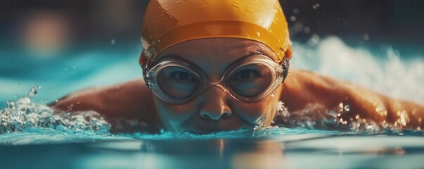 Senior female swimmer in a competitive race, showing strength and endurance