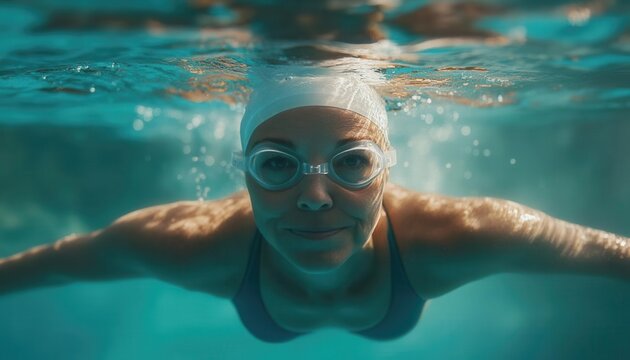A determined swimmer glides underwater, showcasing strength and grace in a vibrant blue pool environment.