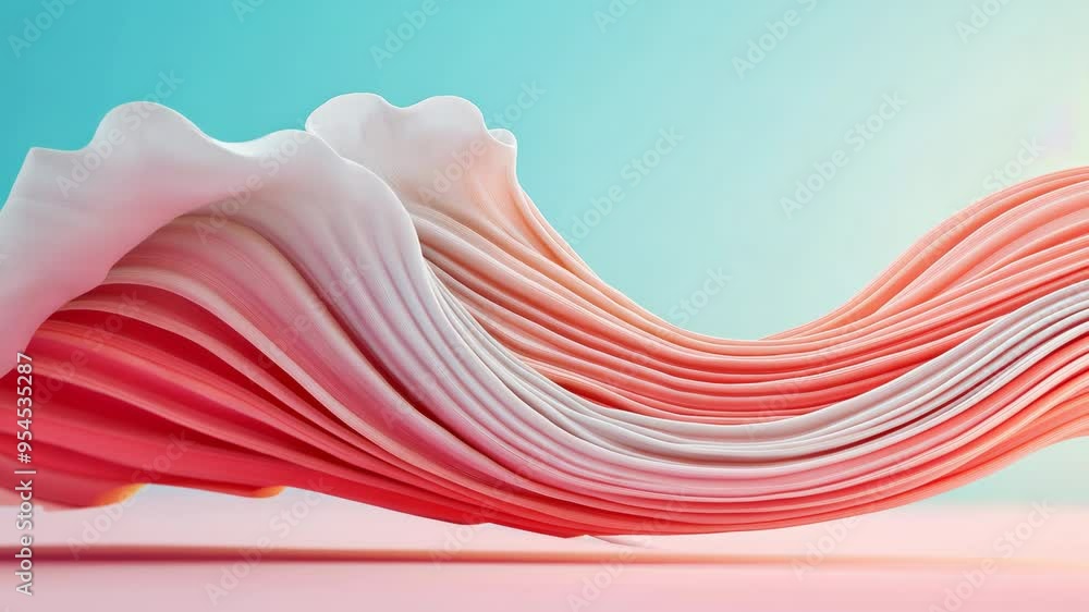 Poster background video animation: abstract 3d animation of flowing, colorful fabric waves in pink and whit
