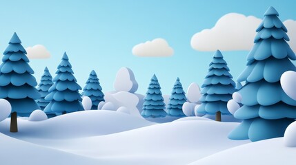 A serene winter landscape featuring cartoonish, stylized blue trees and a soft, snowy terrain under a bright blue sky.