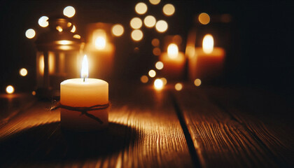 Close up view of a burning candle on a wooden floor in dim lit room