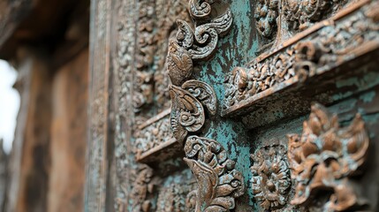 Closeup of Intricate Carved Wooden Door with Turquoise Paint