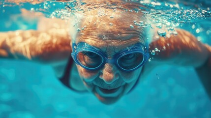 Fototapeta premium Closeup of an elderly woman swimming with determination in a lap pool, vibrant colors