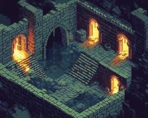 Obraz premium 8bit isometric dungeon, pixel art, detailed with retro aesthetics