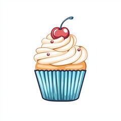 Delicious cartoon cupcake with creamy frosting, a cherry on top, and a blue wrapper, perfect for dessert-themed designs.