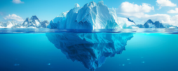 Majestic Iceberg Reflecting in Pristine Arctic Waters, Highlighting Hidden Dangers and Climate Change Impact, Daytime Scenic, Emphasizing the Effects of Global Warming and Melting Ice Caps