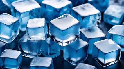 Close-up of clear, blue ice cubes on a dark surface.