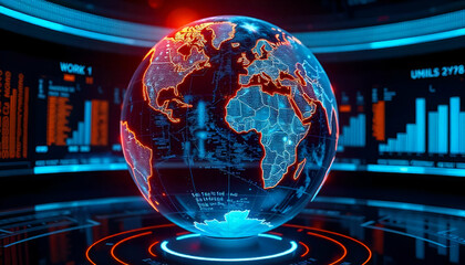 A holographic globe projection showing the world map, with orange and blue lighting effects, displayed on a futuristic interface