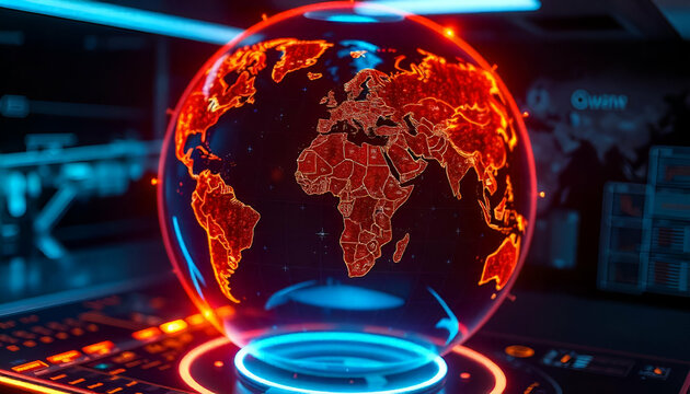 A holographic globe projection showing the world map, with orange and blue lighting effects, displayed on a futuristic interface - Powered by Adobe