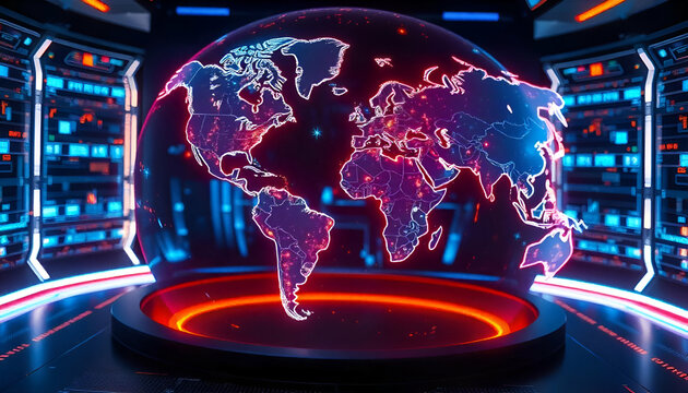 A holographic globe projection showing the world map, with orange and blue lighting effects, displayed on a futuristic interface