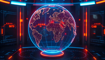 A holographic globe projection showing the world map, with orange and blue lighting effects, displayed on a futuristic interface