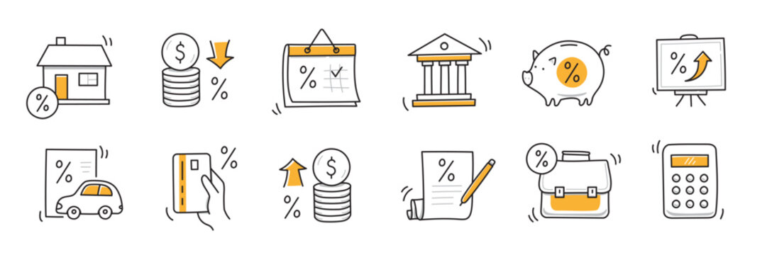 Loan interest rate doodle icon set. Hand drawn sketch doodle line style bank money loan interest rate icon for house, car discount percentage concept. Trendy cute element. Vector illustration