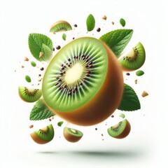 Fototapeta premium Falling kiwi isolated on white background, full depth of field 