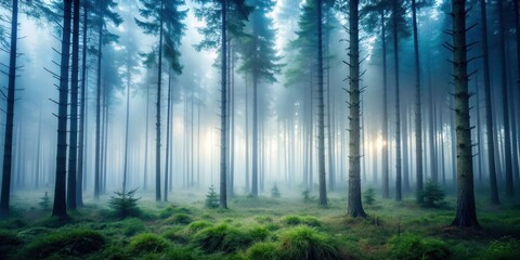 Obraz premium Mysterious forest shrouded in fog, forest, fog, misty, trees, nature, spooky, eerie, atmosphere, eerie, enchanting, ethereal